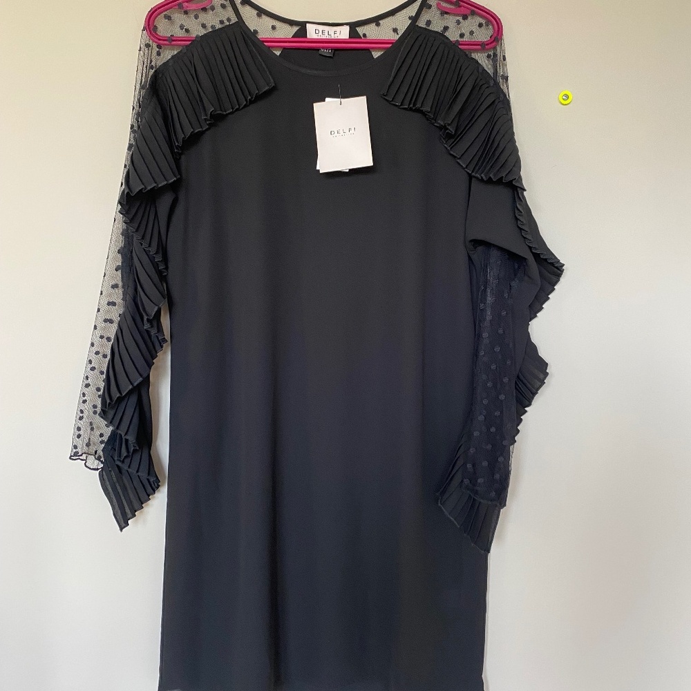 Delfi Black Dress With Ruffle Trim. Size Small. NWT